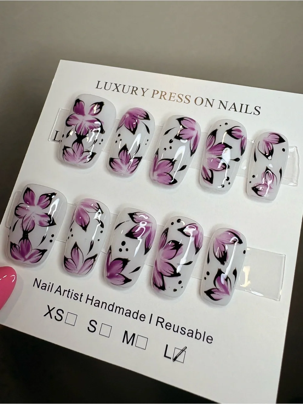 Handmade Press-On Nails with Pink Floral Design